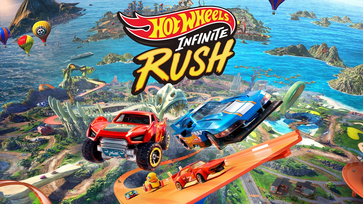 Hot Wheels Infinite Rush official key art showing cars racing across a track-filled world