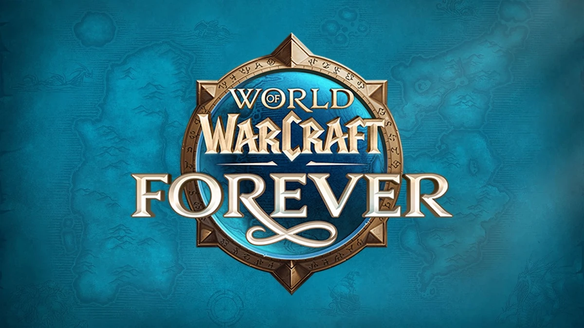 Official World of Warcraft: Forever logo on a blue illustrated map; announcement artwork, not a screenshot of gear or server conditions