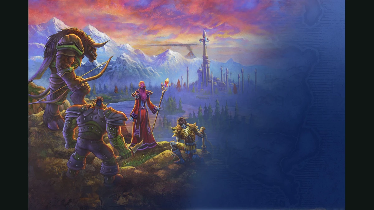 Official World of Warcraft: Forever artwork showing adventurers overlooking a city; promotional illustration, not server footage